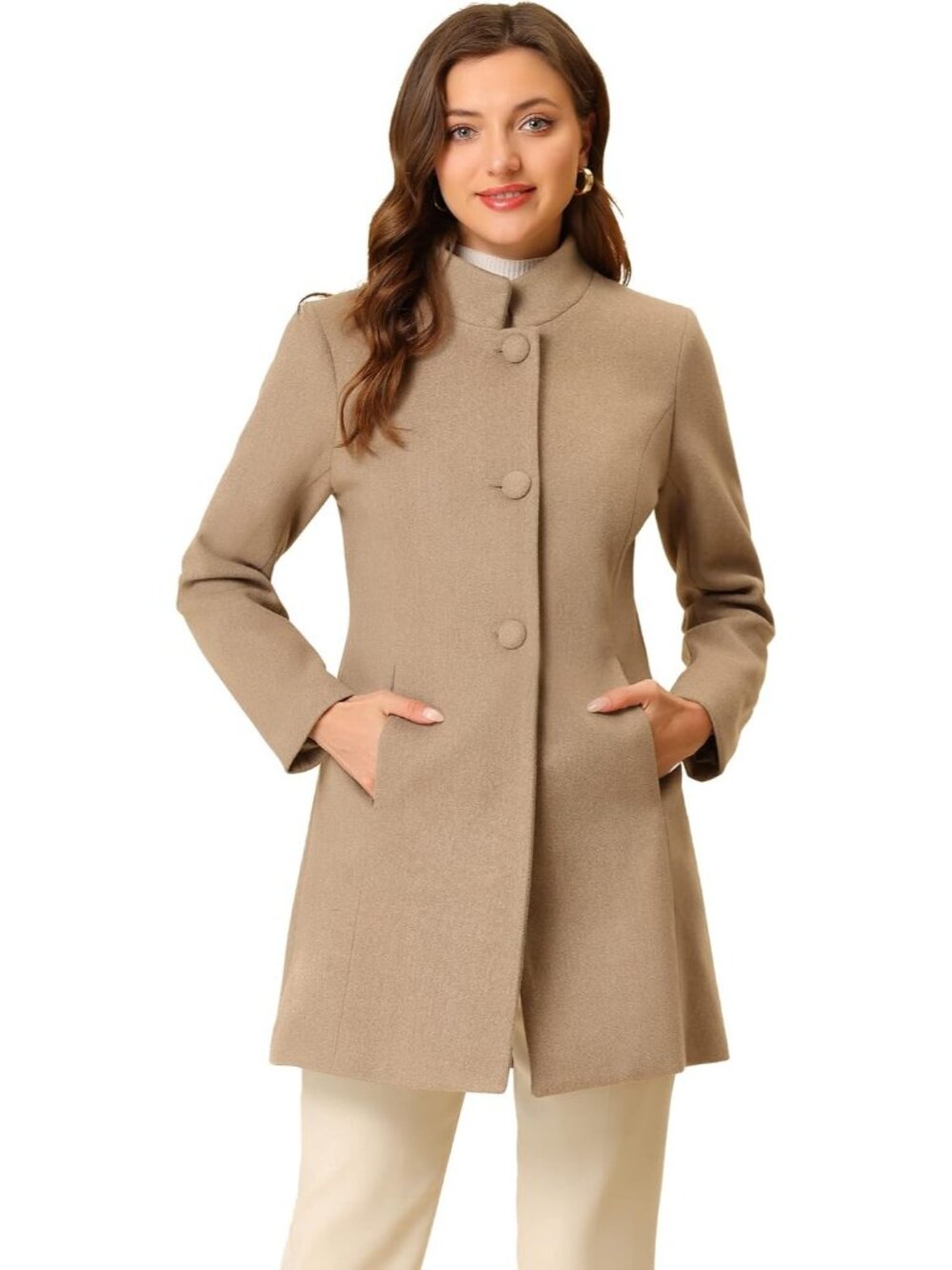 Women's Light Brown Mid-long Stand Collar Single Breasted Loose Fit Trench Coat